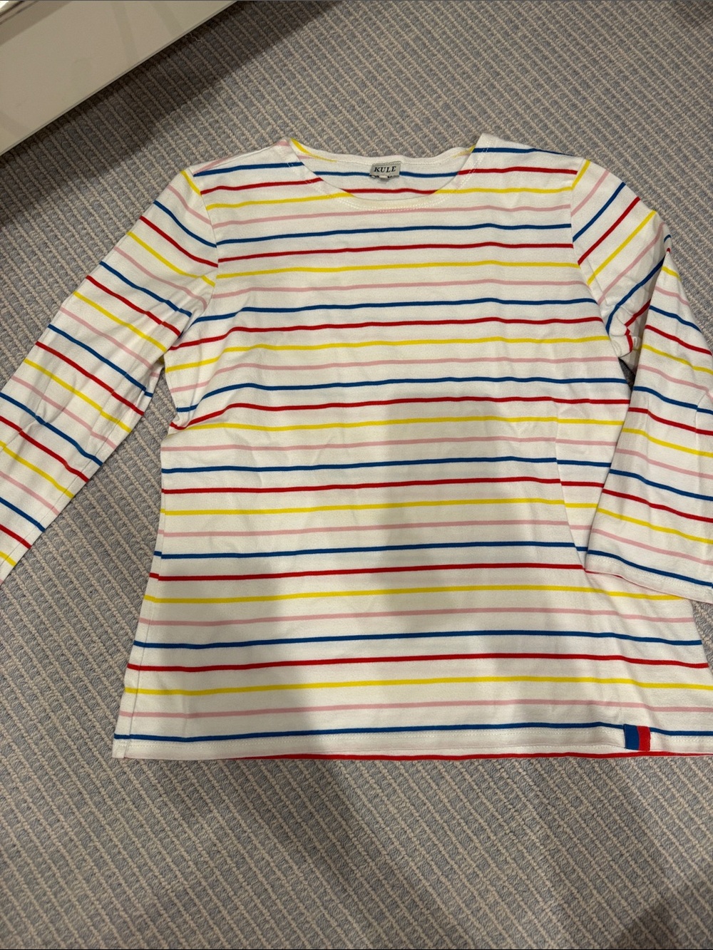 KULE Women's Long-Sleeve Stripe Tee in White with Red, Blue & Yellow